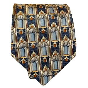 Vtg Unicef Silk Necktie Gothic Arches England Beige Navy USA Made